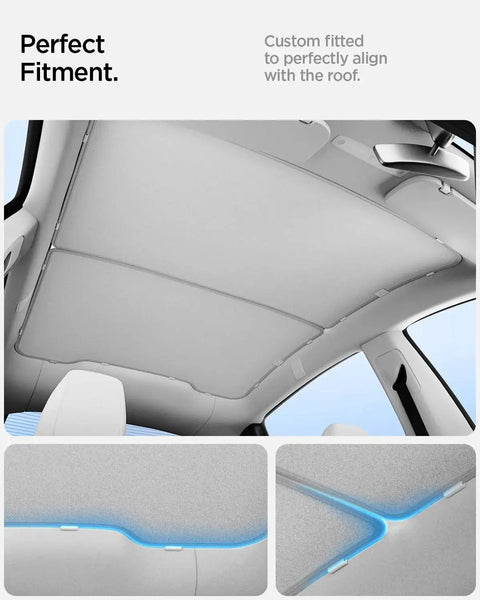 Double Layered CryoShade Roof Sunshade For Tesla Model Y Juniper 2025 2026 installed view showing custom fit and attachment clips.