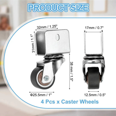 Diagram showing dimensions of 1 Inch Swivel Caster Wheels Set, 4 Pieces, 0.7 Inch U Bracket Opening, 55 Lb Capacity Per Caster.