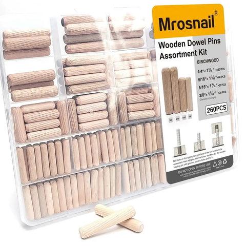 260 Pcs Wooden Dowel Pins Set In Four Sizes One Quarter Inch Five Sixteenth Inch Three Eighths Inch Fluted Beveled Hardwood Dowels