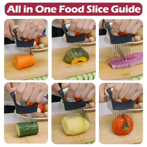 Versatile Onion Slicer With Ten Stainless Forks For No Slip Grip And Even Slices Onions Tomatoes Lemons And Meats Plus A Large Crinkle Cutter For Fries Veggies And A Potato Cutter Kitchen Tool slicing various vegetables.