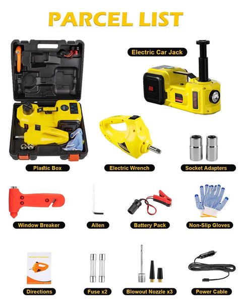 Parcel list for Amazon Electric Car Jack kit: 5-ton 12V jack, wrench, inflator, LED light, adapters, battery pack, gloves.