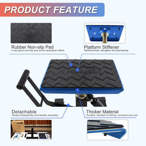 Adjustable 1200 Lb Dirt Bike Stand And Lift With Aluminum Platform showing rubber non-slip pad and platform stiffener details
