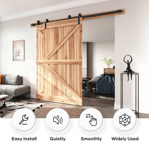 Heavy Duty 8 Ft Bypass Double Sliding Barn Door Hardware Kit With Single Track For 53 Inch Wide Doors installed in living room
