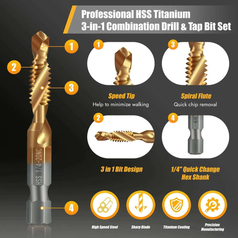 All In One Drill And Tap Set Six Pack With High Efficiency HSS Titanium Drill Bits And Thread Taps For Quick Change Hex Shank