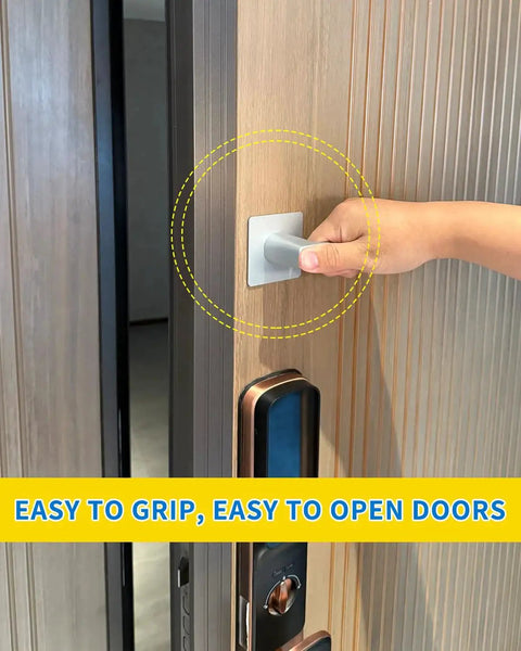 Hand using Two Pack Stick On Door Handles 6 Inch Self Adhesive Cabinet Handles Gray With Easy Peel And Stick Installation No Drill No Damage To Doors Ideal For Cabinets Sliding Screens Closets Showers Glass Windows Outdoor And Garage Pulls.