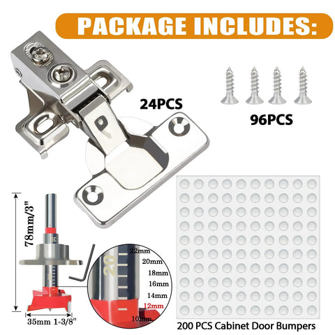 BESTEEL 24-pack 1/2 inch overlay hinges, stainless steel, with drill tool and manual; includes 96 screws, 200 bumpers
