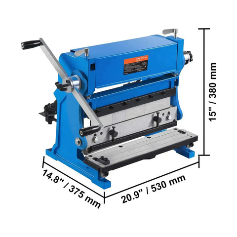 Front view of 12 Inch 3 In 1 Sheet Metal Brake Shear Roll Machine with 20 Gauge Capacity and 90 Degree Bend, blue with handle.