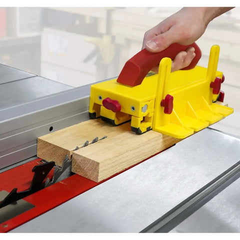 GrabberPRO Push Block For Table Saws, Router Tables, Band Saws, And Jointers With Kickback Reduction And Superior Control, Fully Adjustable Interchangeable Legs In 1in, 1/2in, 1/4in, 1/8in By Milescraft in use on a table saw