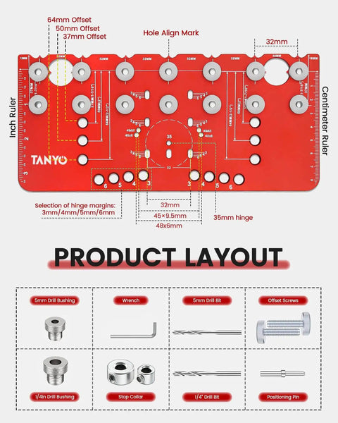 Diagram of Two In One Shelf Pin And Hinge Jig With Adjustable Quarter Inch Drilling Guides, showing layout and parts