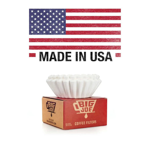 Commercial Coffee Filters For 12 Cup Drip Machines, Extra Tall Walls To Prevent Grounds Overflow, Large Nine And Three Quarters Inch Diameter, Fits BUNN Fetco Curtis Bloomfield Royal Cup And Most 12 Cup Brewers, 500 Count, Pro Grade Made In USA with USA flag in background.