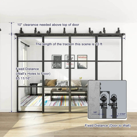 Double Bypass Glass Barn Door Kit With 10 Ft Hardware And Soft Close, 120 In Wide By 84 In Tall, installed view in living room