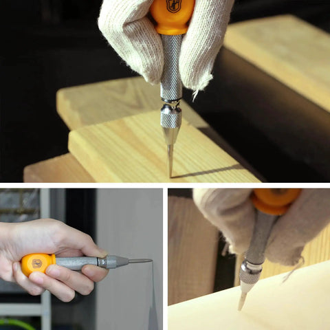 Using Spring Loaded Center Punch Marker for wood, metal, plastic with palm cushion cap, adjustable impact for precise marking