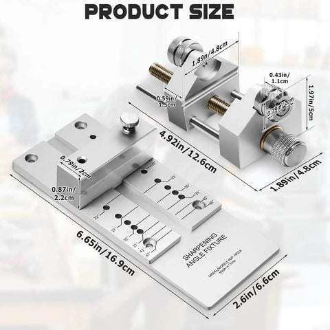 Chisel Sharpening Jig With Lightweight All Metal Honing Guide System, Adjustable Angle Gauge And Fixture, Pro Grade Ultra Durable Aluminum Roller Stop, showing sizes