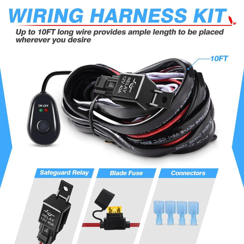 Off Road LED Light Bar Wiring Harness with 40A Relay, Inline Fuse, Switch, Two Lead Wires, Universal Fit for 7-40 Inch Light Bars