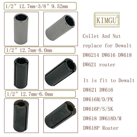 Assorted collet and nut sleeves for DeWalt DW6214 DW616 DW618 DW621 routers, shown with size specifications, featuring durable construction.