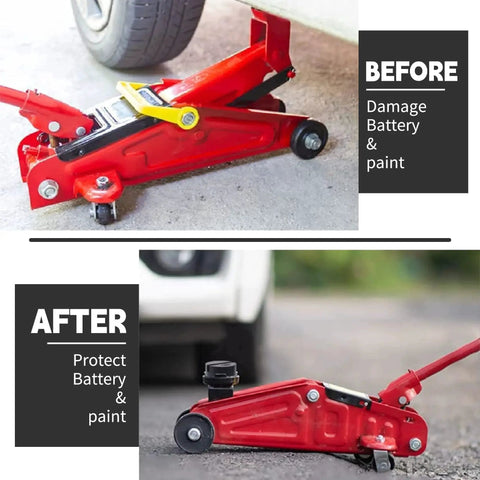 Comparison of red floor jack with and without Universal Pinch Weld Jack Pad Adapter For Side Frame Rail Protector 2 Pack