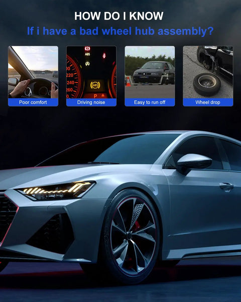 Infographic showing signs of a bad wheel hub assembly with a car image and symptoms like poor comfort, driving noise, and wheel drop.