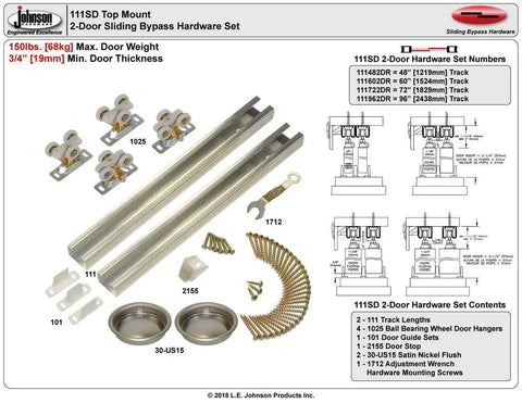 Heavy Duty Bypass Track And Hardware Set For Two Door Sliding System 96 Inch Aluminum Top Hung Track For Three Quarter Inch Thick Doors Up To One Hundred Fifty Pounds Commercial Grade Top Mount Hanger Not For Bifold Doors, displaying two aluminum tracks and hardware components.