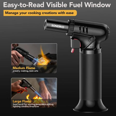 Butane Torch Lighter With Visible Fuel Window Refillable Soldering Torch With Adjustable Flame For Welding Resin Art And Industrial DIY Projects Easy One Handed Operation, showing medium and large flame uses.