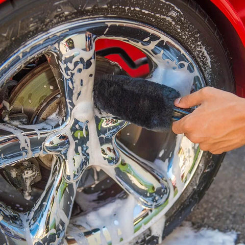 Soft Natural Bristle Wheel And Rim Cleaning Brush With Gerbil Hair For Wheels Rims Exhaust Tips And Delicate Surfaces Safe Brake Dust Removal in use