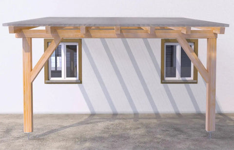 Wooden carport attached to a building with two windows, featuring wooden beams and a slanted roof design.