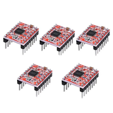 Five Pack A4988 Stepper Driver Module With Heat Sink for 3D Printers Reprap Mendel DIY kit, shown in a fanned-out layout.