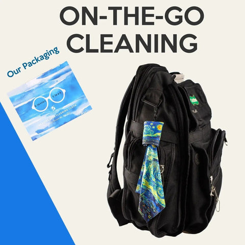 Microfiber Glasses Cleaning Cloths Set 4 Pack With Double Sided Art Design shown with backpack and packaging