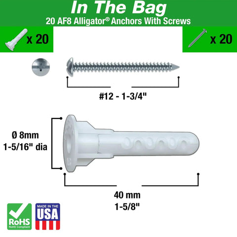 Diagram showing Alligator AF8 Flanged Anchor With Screws, Polypropylene, Made In USA, For Size 8 To 14 Fasteners Pack Of 20 details.
