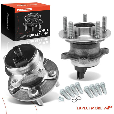 Two-Pack Rear Wheel Bearing And Hub Assemblies With ABS For Ford Focus 2012-2018, 5-Lug displayed with bolts and packaging