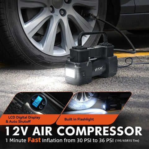 All In One Car Emergency Kit with Portable Air Compressor next to car tire, showing LCD display and built-in flashlight feature.