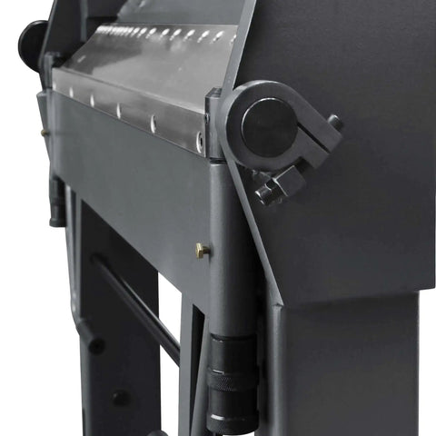 Close-up of Workhorse 40 Inch Box And Pan Brake For 12 Gauge Mild Steel, side view showcasing metal hinges and support.