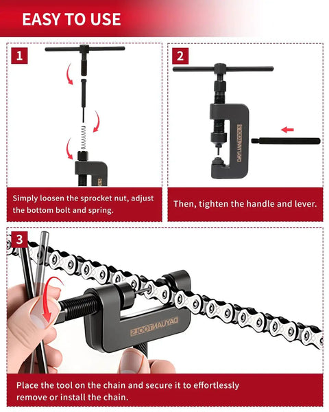Instructions showing 13 Piece Motorcycle Chain Breaker Set With Carrying Case Chain Cutter And Riveter Kit in use on a chain.