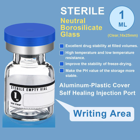 Sterile 1 ml glass vial with blue cap and white label; empty storage vial