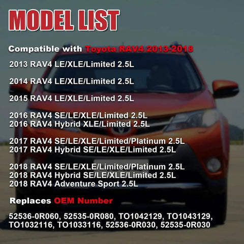 Front view of a Toyota RAV4 showcasing compatible years 2013-2018 for Front Bumper Bracket Retainer replacements with OEM numbers.