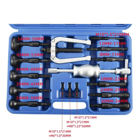 Blind Inner Bearing Race And Seal Puller Set with Slide Hammer Tool Kit in blue case showing various adapters and collets