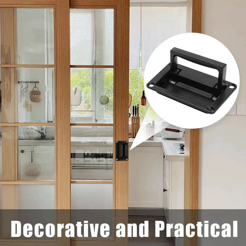 Recessed Pull Handle For Drawers Doors And Toolboxes Black Zinc Alloy 4.38 X 2.76 Inch mounted on wooden door