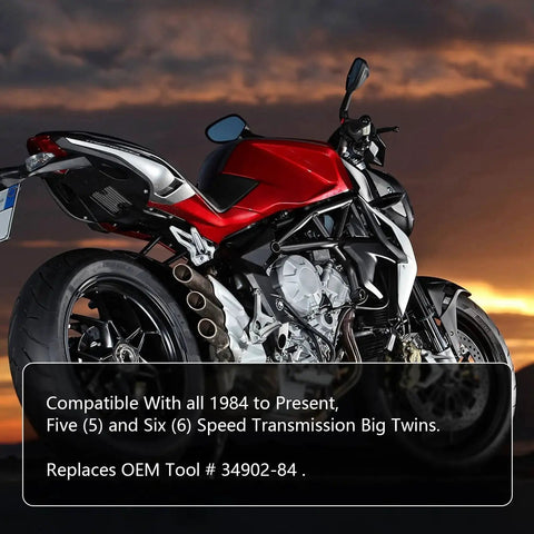 Motorcycle with text overlay detailing compatibility with Big Twin transmissions from 1984 to present, replaces OEM tool 34902-84.