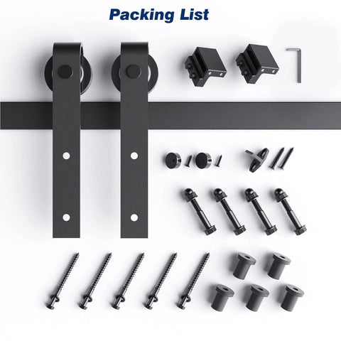 6 Ft Heavy Duty Sliding Barn Door Hardware Track Kit With J Pulley, black aluminum parts, screws, and rollers on white background.