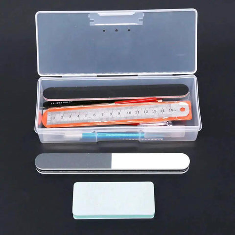 21Pcs Modeler Basic Tools Craft Set with ruler, files, and case for DIY mecha and miniature car models, angled view