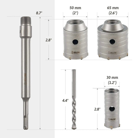 4 In 1 Hole Saw Kit With Pilot Drill And 30mm 50mm 65mm Saws For SDS Plus Hammer Drills Circle Hole Cutter Set shown with measurements