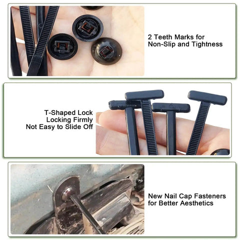 Heavy Duty Nylon Universal Cable Tie Buckles With Pin And Button Lock For Car Repairs showing tie, lock, and installed view