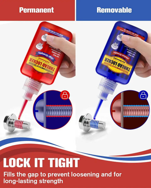 Blue And Red Thread Locker Kit For Nuts Bolts And Fasteners, showing medium and high strength glue being applied to bolts