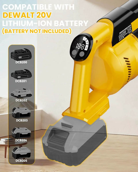 Cordless Vacuum Cleaner For Dewalt 20V Battery Compatible 7 In 1 Lightweight Stick Vacuum With HEPA Filter 350W Brushless Motor 35KPa Suction 3 Modes For Carpet Floor And Car Battery Not Included, shown in yellow color with digital display and battery slot.