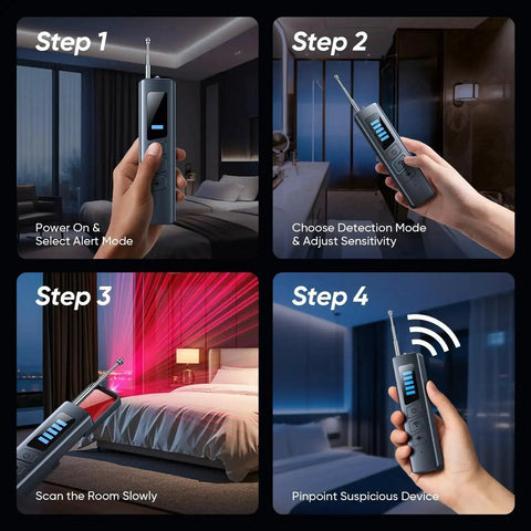 Steps to use All In One Hidden Spy Camera Detector With RF Signal Scan And Infrared Lens Finder in a hotel room setting.