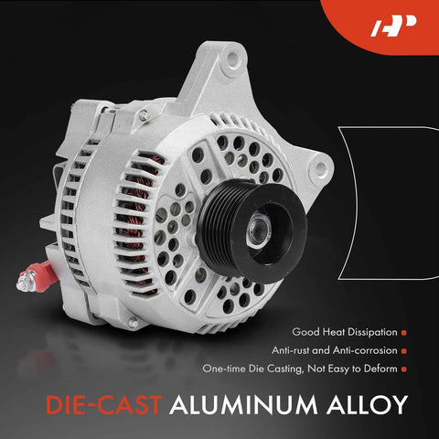 130 Amp 12V Alternator Replacement With 8 Groove Pulley For Ford F150 F250 Expedition E Series And Lincoln Navigator 1997 1998 1999 2000 4.6L 5.4L Direct Fit Easy Install Durable Quality, close-up view showing die-cast aluminum alloy construction.