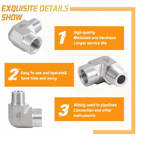 Amazon two-pack stainless steel 90-degree street elbows, 1/4 in NPT male to 1/4 in NPT female.