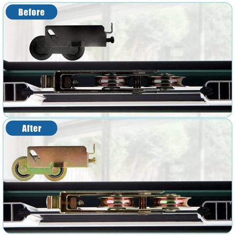 2 Pack Sliding Patio Door Tandem Roller Assembly With F Tab Mount installed showing before and after comparison, yellow zinc plated steel and rear adjustable.