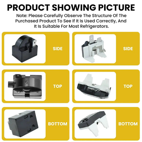 Side, top, bottom views of QP2-4r7 Refrigerator Starter Relay and Overload Protector Kit Dope Upgrade for Mini Fridges shown in six images.