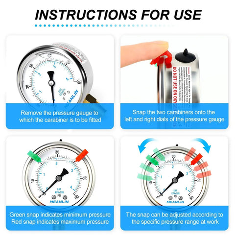 Instructions for using Stainless Steel Liquid Filled Pressure Gauge 0 to 60 Psi Range, 2.5 Inch Dial, with two snaps.