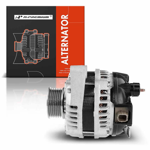 Side view of Reliable 12V 130Amp Alternator For Honda Accord And Acura TSX 2008-2012 2009-2014 2.4L L4 With 7 Groove Pulley CW Rotation S7 Class Replaces 104210-5890 31100-R40-A01 06311-R50-505RM with packaging